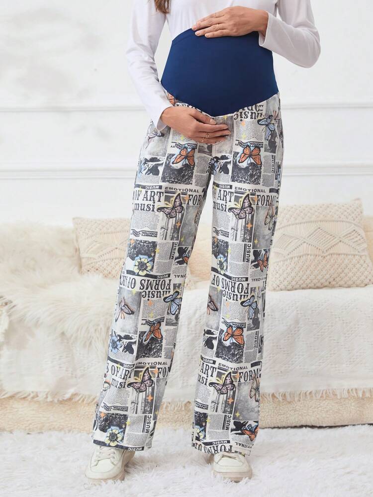 Maternity High Waist Denim Pants With Newspaper And Butterfly Print Jeans