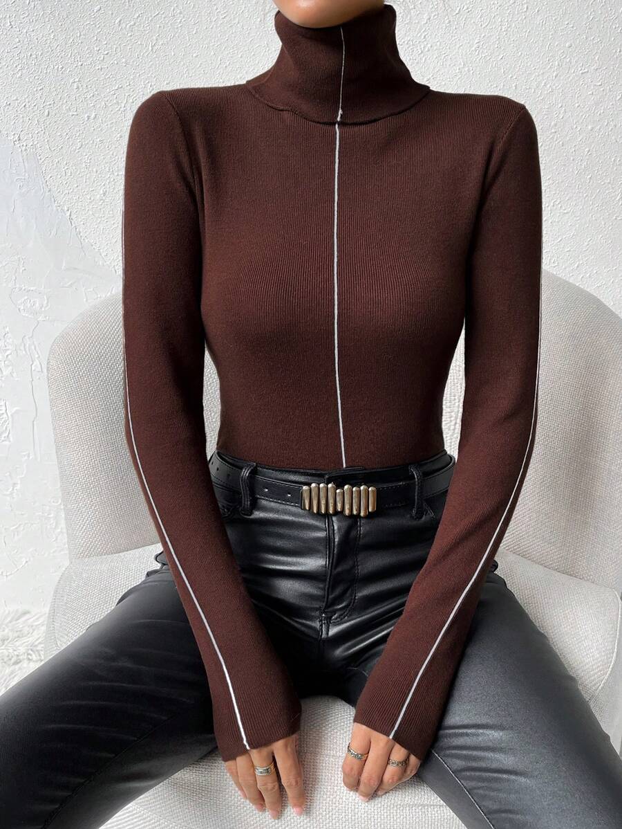 Chiquease Turtleneck Contrast Piping Ribbed Knit Pullover Fall Winter Sweater - Coffee Brown - View 1