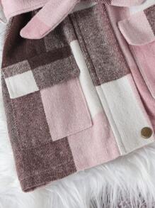SHEIN Young Girl Plaid Print Borg Collar Belted Overcoat With Belt