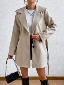 SHEIN Unity 西裝領腰帶圍裹下擺花呢外套 - 杏色 - 查看 3