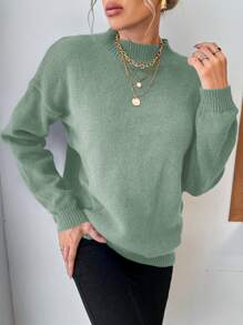 EURMUSE Round Neck Solid Color Drop Shoulder Casual Sweater - Mist Green - View 7