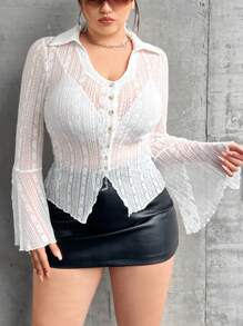 SHEIN ICON 大碼喇叭袖前紐扣木耳邊襯衫不附胸罩 - 杏色 - 查看 5