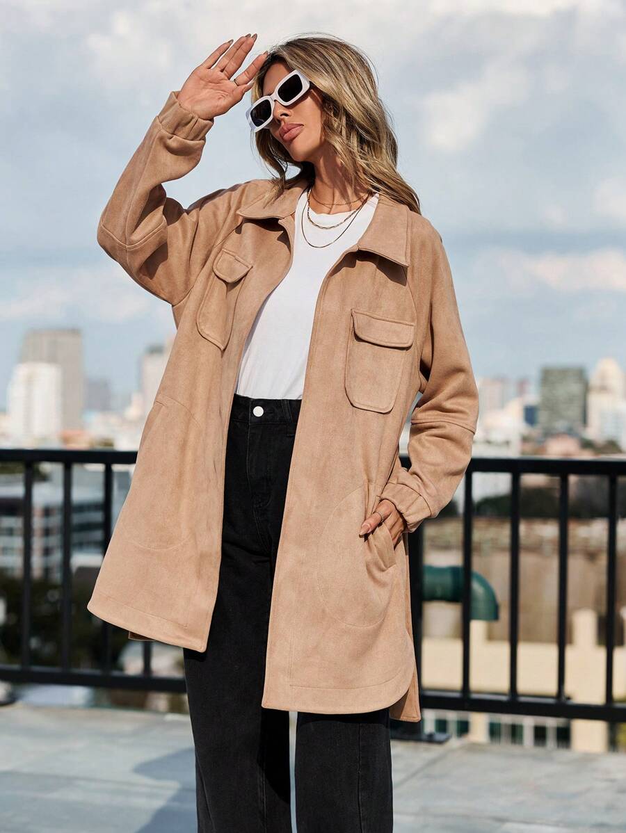 RueChic Flap Pocket Drop Shoulder Belted Overcoat - Beige - View 1