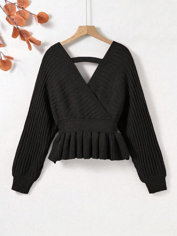 Teen Girl Surplice Neck Cut Out Back Batwing Sleeve Ruffle Hem Sweater