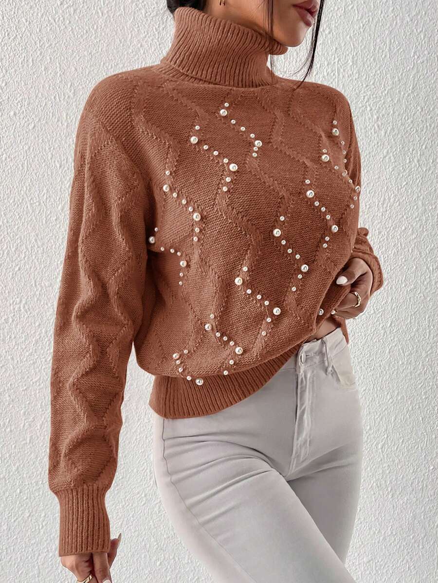SHEIN Essnce 珍珠串珠高領落肩袖套頭毛衣 - 棕色 - 查看 1