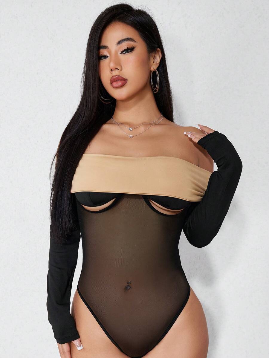 Zolique Off Shoulder Colorblock Mesh Bodysuit Fall Cloth For Women - Black - View 1