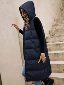 SHEIN Frenchy Solid Drawstring Hooded Puffer Vest Coat - Navy Blue - View 2