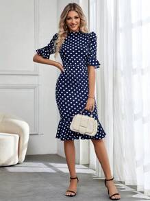 SHEIN Privé In vết tròn Polka tay áo lá sen Nàng tiên cá Hem Đầm - Xanh và trắng - Xem 3