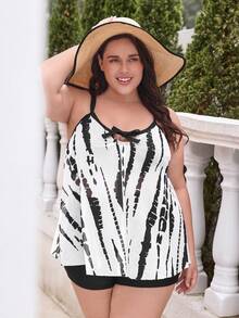 SHEIN Swim Curve 加肥款染色系結前短款泳衣上衣 - 黑與白 - 查看 3