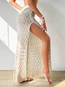 SHEIN Swim Summer Beach Women's High Slit Cover-Up Skirt - Apricot - View 5