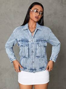 SHEIN ICON Flap Pocket Drop Shoulder Denim Jacket - Light Wash - View 1