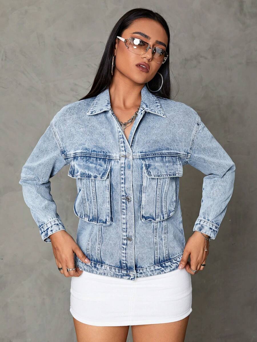 SHEIN ICON Flap Pocket Drop Shoulder Denim Jacket - Light Wash - View 1