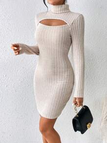 SHEIN LUNE Cắt ra phía trước Cổ giả Váy bodycon - Màu be - Xem 6