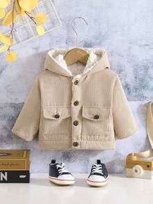 SHEIN 男嬰翻蓋口袋毛絨內襯連帽外套 - 杏色 - 查看 6