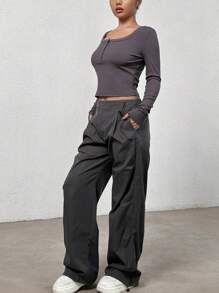 SHEIN EZwear Halve knop Crop T-shirt & Taille met trekkoord Broeken
