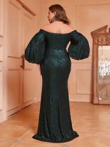 SHEIN Belle 豪華珠片泡袖宮廷風正式禮服,大尺碼晚禮服（重工業風格）