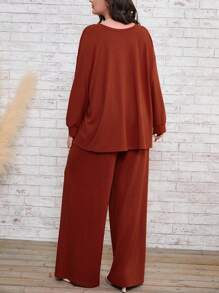 SHEIN CURVE+ Plus Solid Drop Shoulder Tee & Wide Leg Pants - Brown - View 2