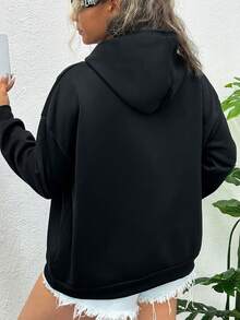 SHEIN EZwear Plus Size Letter Graphic Kangaroo Pocket Drop Shoulder Drawstring Sweatshirt - Black - View 2