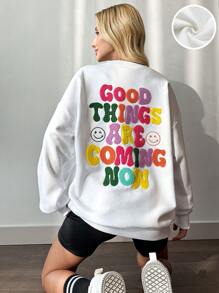 RueChic Slogan Graphic Drop Shoulder Sweatshirt - White - View 1