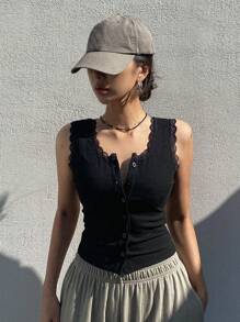 Dazy Star Lace Trim Button Front Tank Top Going Out Tops - Black - View 8