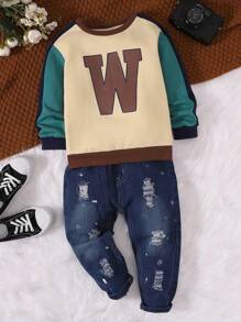 SHEIN Young Boy Letter Graphic Colorblock Sweatshirt - Multicolor - View 1