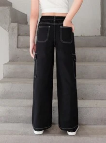 Tween Girl Flap Pocket Side Cargo Jeans - Black - View 2