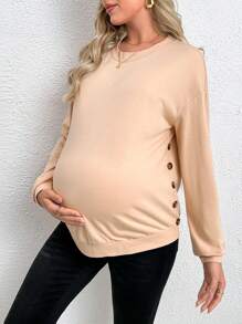 SHEIN 孕婦側邊紐扣落肩袖套頭衫 - 卡其色 - 查看 1