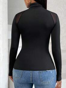 SHEIN VaVaLuxe 高領網紗拼接T恤 - 黑色 - 查看 2