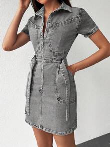 EURMUSE Belted Denim Midi Dress - Light Grey - View 5