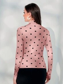 Mulvari Camiseta con estampado de lunares de cuello alto fruncido - Rosa - Ver 2