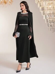 Modelyn Pearl Beaded Mesh Yoke Fuzzy Cuff Cape Dress Without Belt - Black - View 4