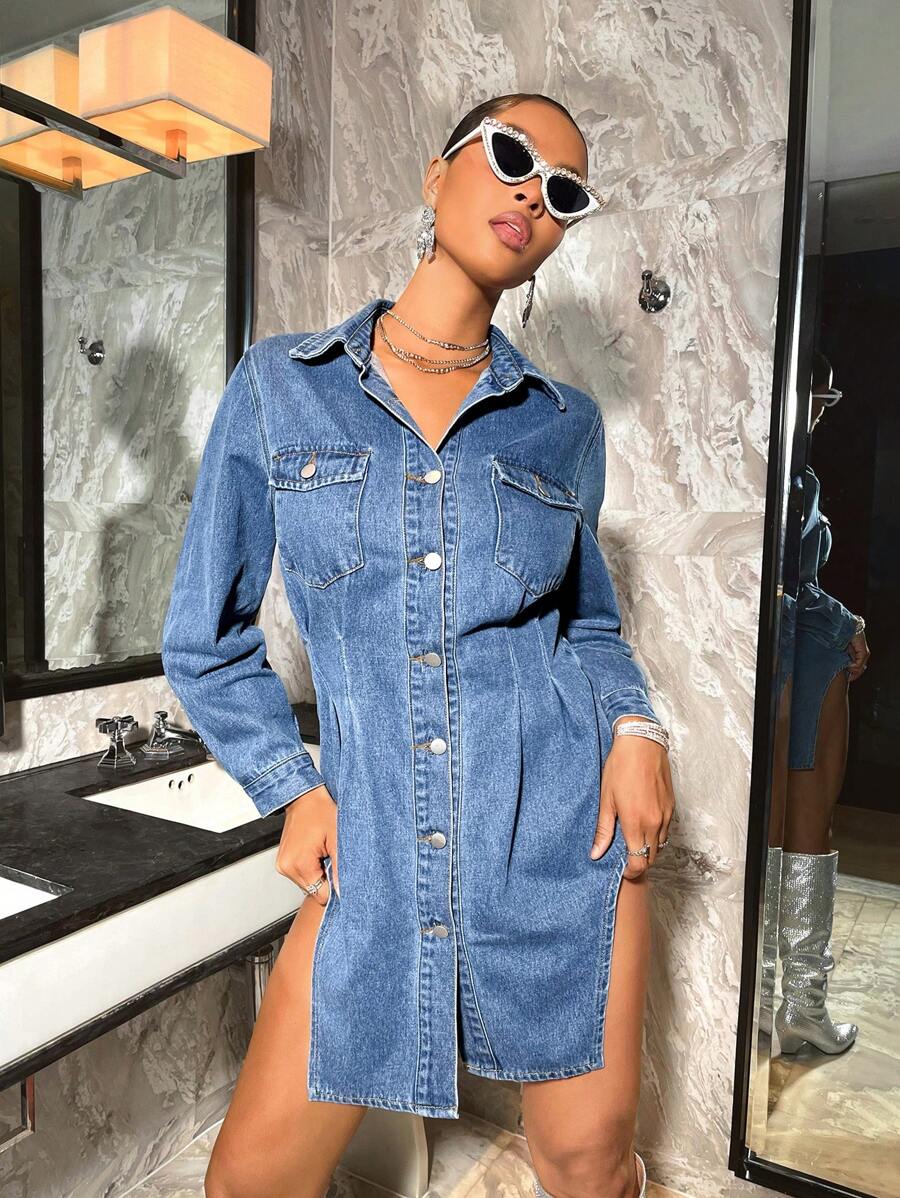SHEIN BAE Flap Pocket Button Front Denim Dress - Blue - View 1