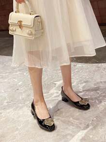 2025年秋季时尚经典麂皮金属水钻扣方跟女平底鞋 - 黑色 - 查看 5