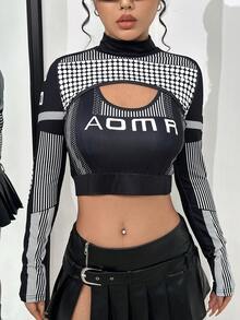 SHEIN Unity 女性半高領條紋短款上衣和字母圖案背心2入組/套 - 黑色 - 查看 5