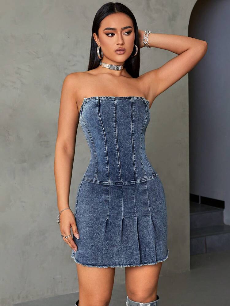 Pleated Detail Tube Denim Dress