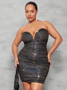 SHEIN BAE Vestido Curto Bodycon com Lantejoulas Dobradas e Sem Alças para Mulheres - Preto - Visão 1