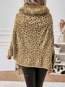 SHEIN Clasi Leopard Pattern Fuzzy Trim Fringe Hem Cardigan - Multicolor - View 2