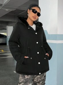 SHEIN EZwear 抽绳腰部毛绒装饰连帽夹棉大衣 - 黑色 - 查看 3