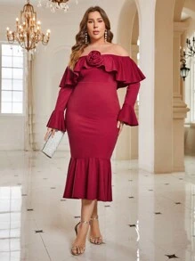 SHEIN Belle Burgundy Red Plus Off Shoulder Ruffle Trim Flare Sleeve Mermaid Hem Cocktail Dress - Burgundy - View 3