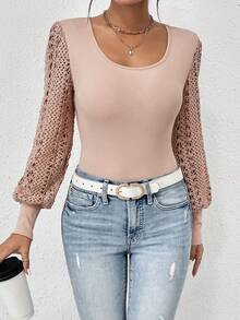 SHEIN Frenchy Body De Manga De Linterna De Encaje Y Acanalado - Albaricoque - Ver 3