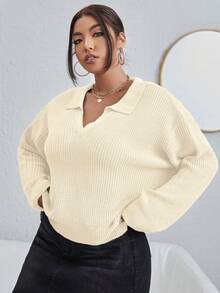 Calvaya 大尺碼純色下垂肩毛衣 - 米色 - 查看 5