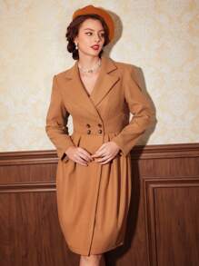 Vintamour Lapel Neck Fold Pleated Overcoat - Brown - View 4