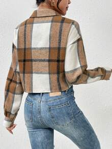 SHEIN Unity 格紋印花落肩袖花呢外套 - 咖啡棕 - 查看 2