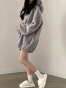 DAZY 纯色落肩超大抽绳连帽衫、长袖上衣、秋装运动衫 - 灰色 - 查看 2