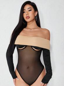 Zolique Off Shoulder Colorblock Mesh Bodysuit Fall Cloth For Women - Black - View 5