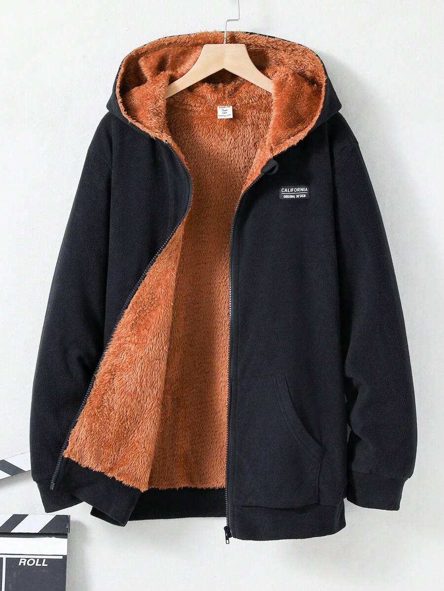 Thiếu niên con trai Chi tiết Patched thư Lót Teddy Áo trùm đầu - màu đen - Xem 1