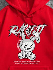 男士標語和卡通圖案袋鼠口袋抽繩加絨內裏連帽衫 - 紅色 - 查看 4