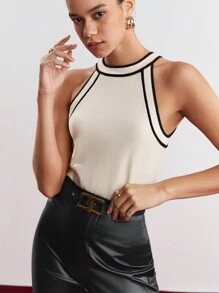 BizChic 女式无袖撞色饰边露背针织上衣，杏色和黑色，适合都市通勤、商务休闲、基本款外套