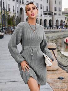 SHEIN Clasi Drop Shoulder Drawstring Waist Ribbed Knit Sweater Dress - Grey - View 5