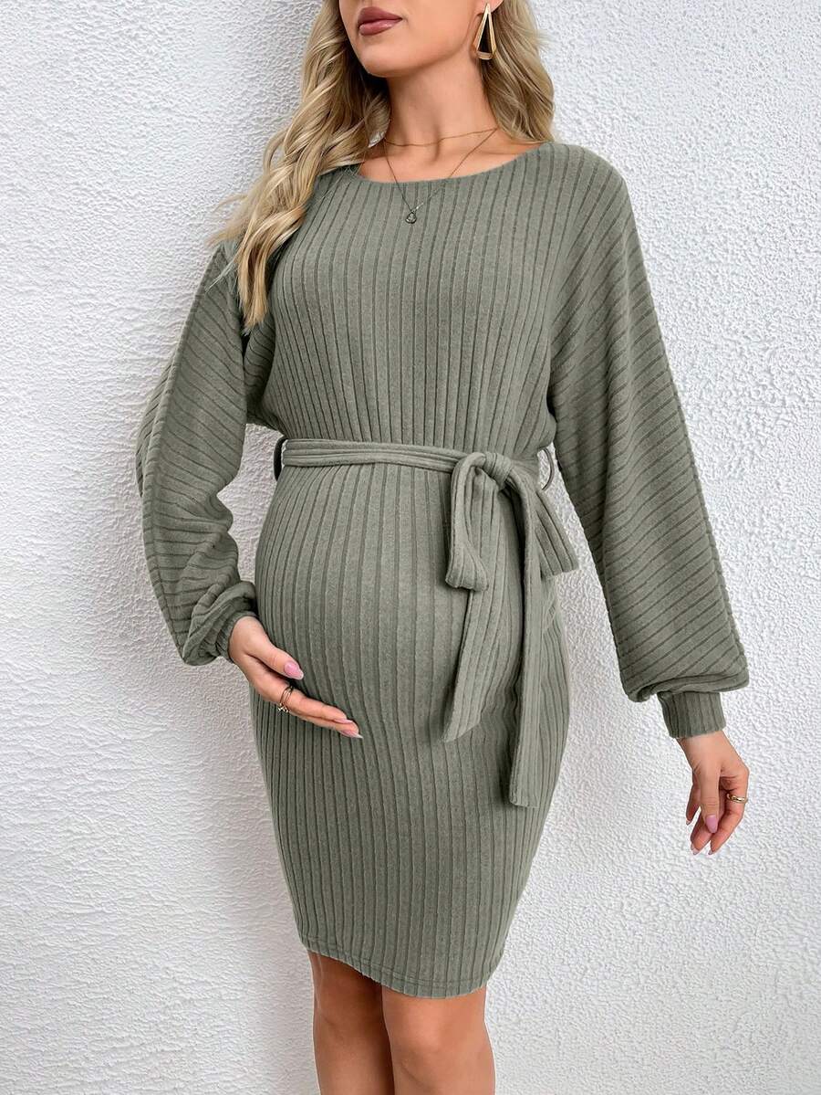 SHEIN Maternity Ribbed Knit Belted Bodycon Dress - Green - View 1